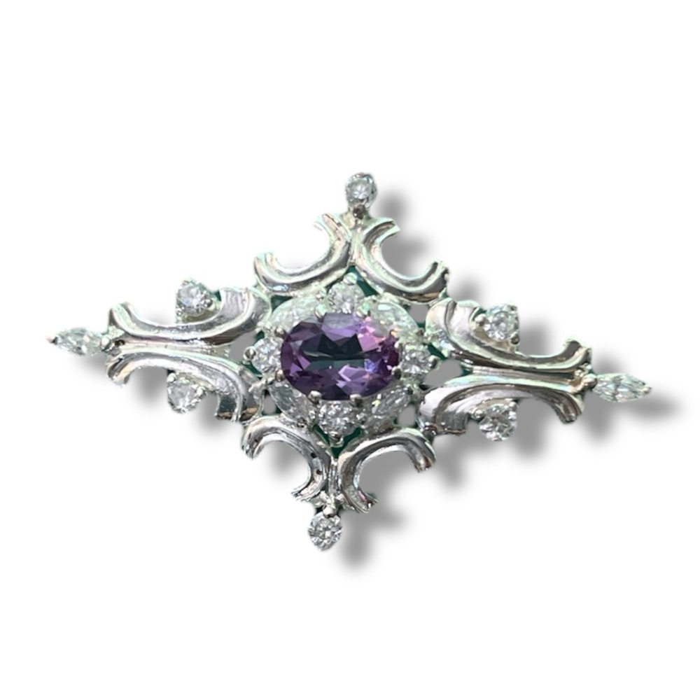 JC 925 Sterling Silver Amethyst Brooch Pin 1.25" wide purple